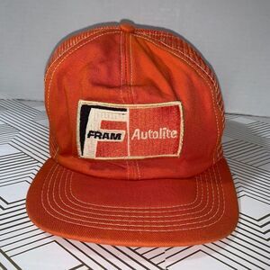 Vintage M&B Headware Fram Autolite One Size Hat Cap Orange Trucker Snapback Mesh
